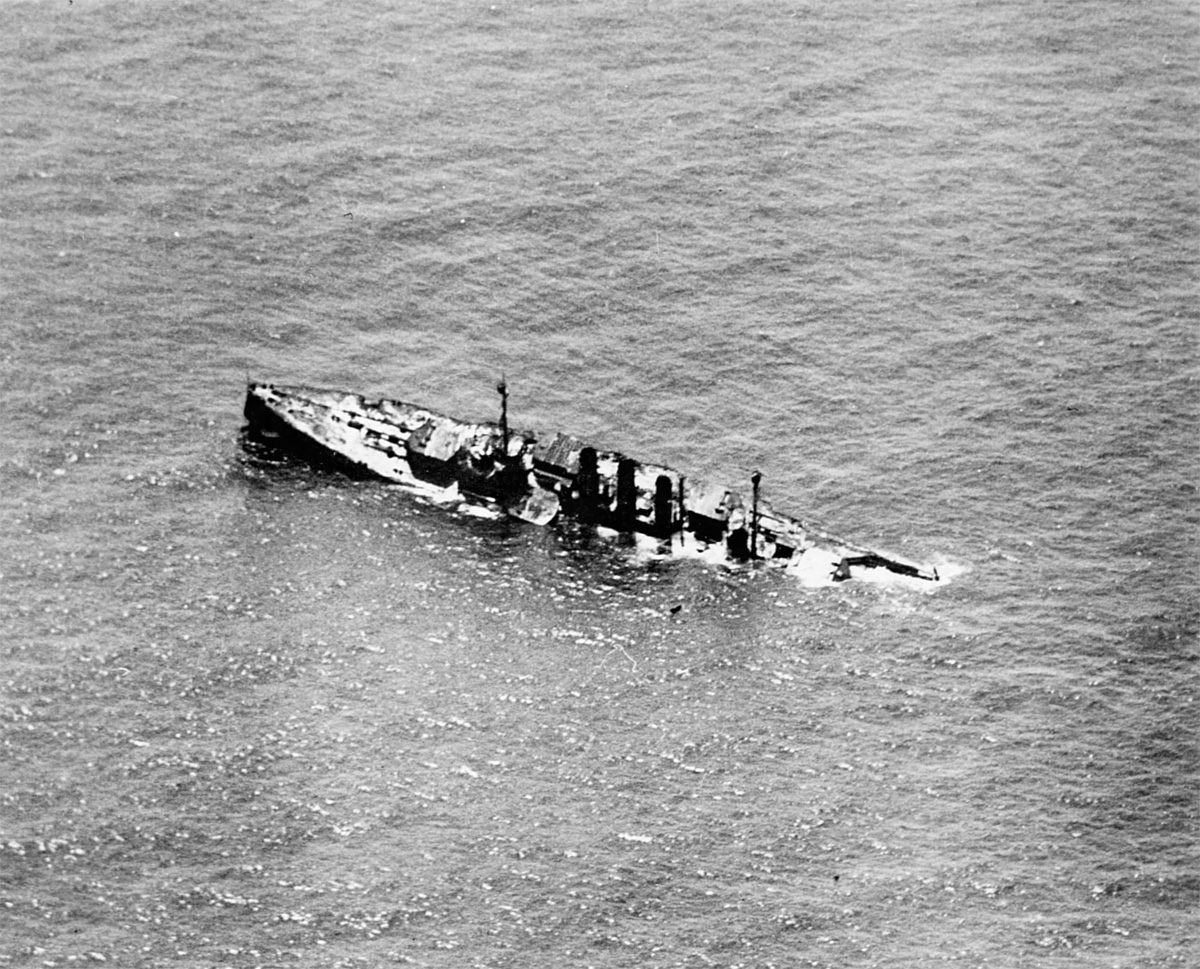 Ostfriesland sinking by the stern. Photo from the US National Archives.