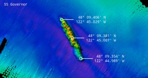 150cm multibeam image of the SS Governor with coordinates.
