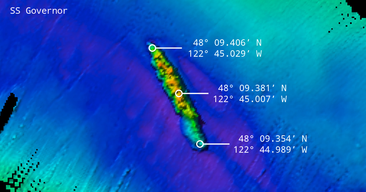 150cm multibeam image of the SS Governor with coordinates.