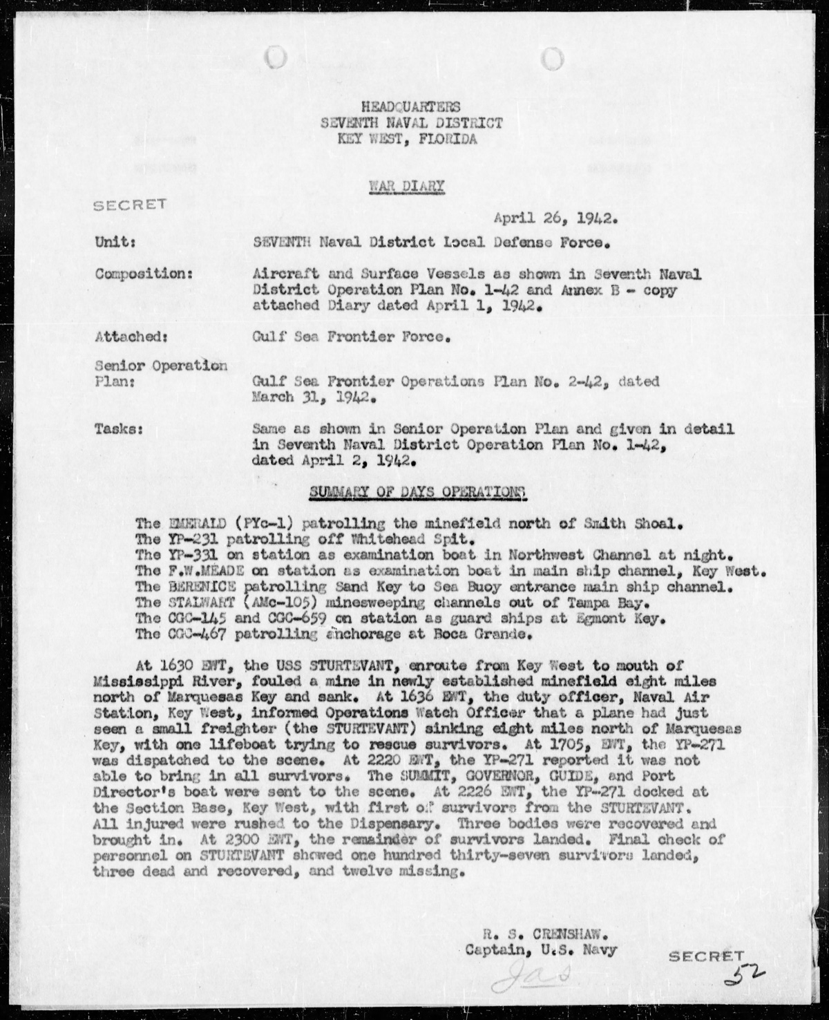 War Diary, Seventh Naval DIstrict, Key West, FL.